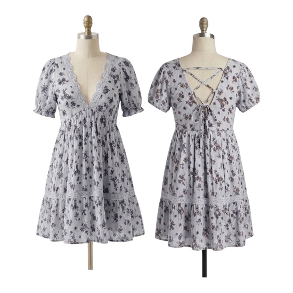 Urban Outfitters Boho Floral Babydoll Mini Dress Lace Up Back Cottagecore M